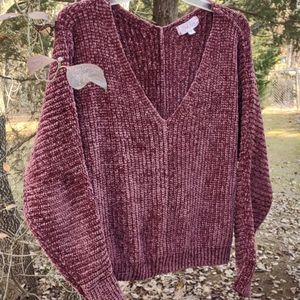 Sweater, Deep V, Chenille, Burgundy,